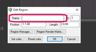 Reaper: Markers and Regions - Edit Region Name